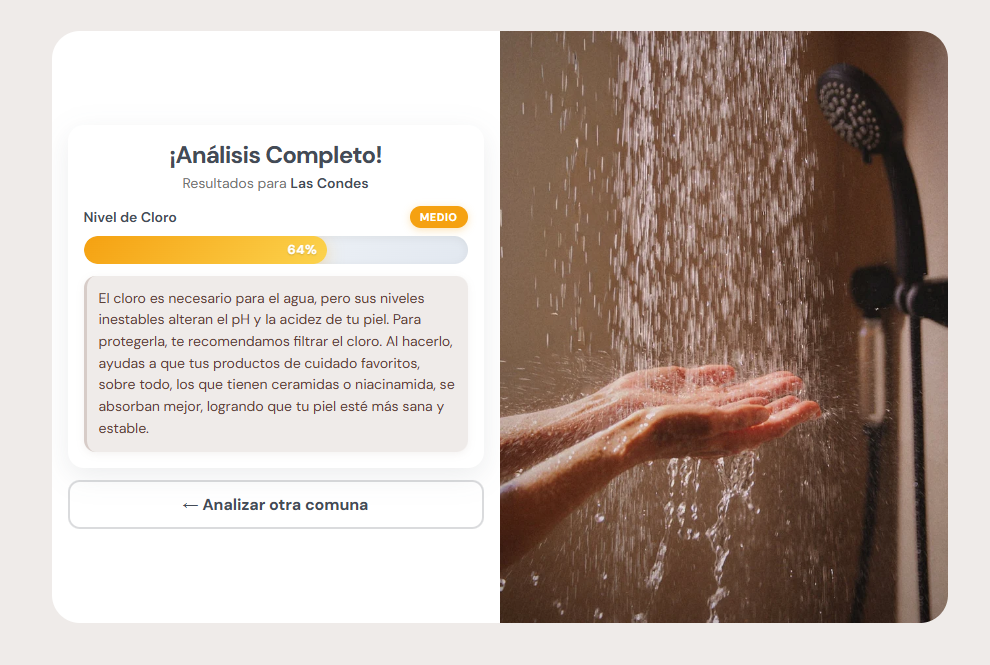 Resultado del feature 'Tu agua hoy' — análisis de cloro por comuna en floskin.cl